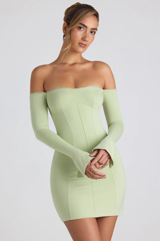 Modal Off-Shoulder Lace-Trim Mini Dress in Spring Green - UK Size:10